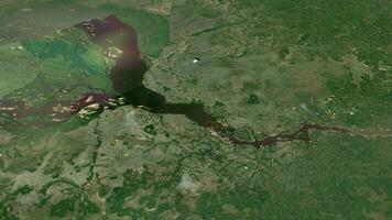 satélite Kinshasa mapa antecedentes bucle. hilado alrededor Dr congo ciudad aire imágenes. sin costura panorama giratorio terminado céntrico fondo. video