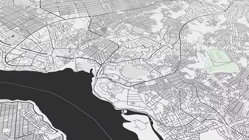 Black and white Kinshasa map background loop. Spinning around DR Congo city air footage. Seamless panorama rotating over downtown backdrop. video