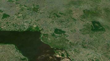 Satellit Kinshasa Karte Hintergrund Schleife. Spinnen um DR Kongo Stadt Luft Filmaufnahme. nahtlos Panorama rotierend Über Innenstadt Hintergrund. video