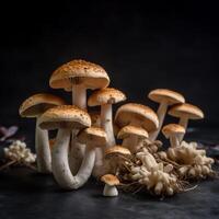 Shimeji mushrooms in front of black background photo