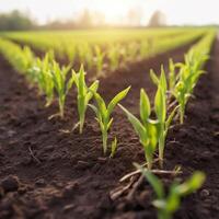 Field with green sprouts of young corn plants photo