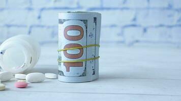 Healthcare cost concept with us dollar, container and pills on table video