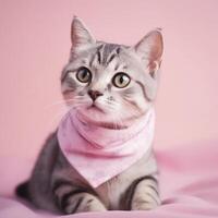 Closeup cute little cat on pink pastel background photo