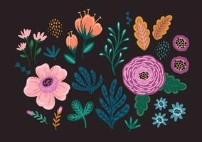 Set of floral design elements. Leaves, flowers, grass, branches Vector illustration