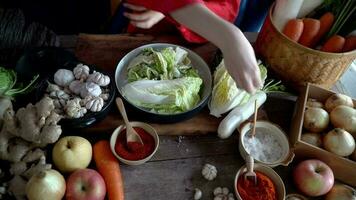 Asian women wearing Korean traditional costumes hanbok are Sprinkling salt by hand and Kimchi ingredients with ingredients such as garlic, gochugaru Korean chili, fresh vegetables. video