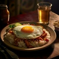 un plato de arroz con un frito huevo en parte superior foto