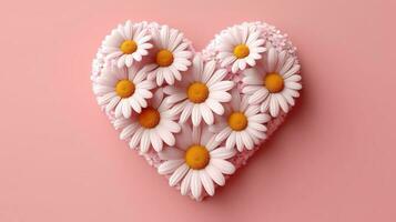 a heart shaped Chamomile decorated with daisies on a pink background photo