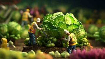 un miniatura trabajadores trabajando en lechuga foto