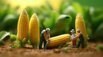 un miniatura trabajadores trabajando en maíz foto