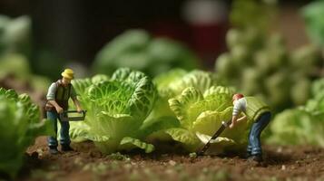 a miniature workers working on lettuce photo