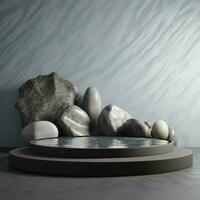 product presentation mockup with rocks and water empty podium on black background photo