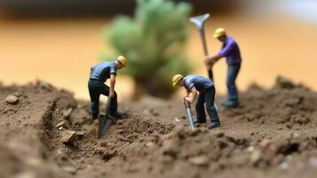 un miniatura trabajadores trabajando en construcción foto