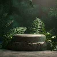 Stone podium for cosmetic display  with nature tropical leaves photo