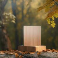 Wooden product display podium with blurred nature leaves photo