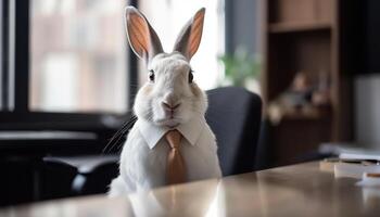 mullido bebé Conejo sentado en de madera mesa generado por ai foto