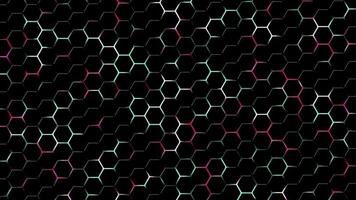 Dark hexagon shapes with bluish green and pink color glowing backlight background video