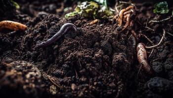 Slimy earthworm crawls on wet green leaf generated by AI photo