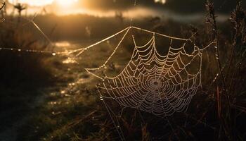 Spider web catches dew, spooky and stunning generated by AI photo