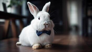 A fluffy baby rabbit in a bow tie generated by AI photo