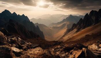 majestuoso montaña rango, tranquilo aguas en visión generado por ai foto