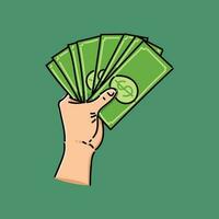 Hand holding green money banknotes. Vector flat design illustration in the green background. Financial freedom