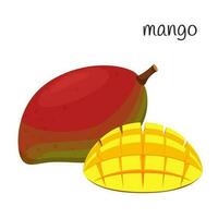 The mango is whole, and the half is nicely diced and turned out. Tropical, exotic fruit icon. Flat design. Color vector illustration isolated on a white background.