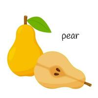 A whole fruit of a yellow pear and a cut half with seeds and pulp. Fruit icon. Flat design. Color vector illustration isolated on a white background.
