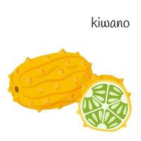 Whole kiwano in the skin and cut half with seeds and pulp. Exotic, tropical fruit icon. Tropical cucumber. Flat style. Color vector illustration isolated on a white background.