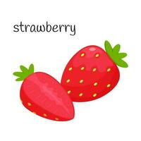 Simple strawberry with leaves. Whole and half. A single illustration. Fruit, berry icon. Flat design. Color vector illustration isolated on a white background.