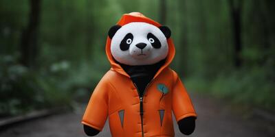 panda con naranja chaqueta y capucha ai generado foto
