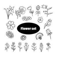 set of doodle flowers on white background, vector contour flowers