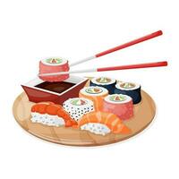 Cartoon isolated bamboo plate with chopsticks and rolls with rice, soy sauce in sushi bar or japanese restaurant vector