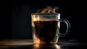 Coffee steams on dark wood fresh aroma generated by AI photo