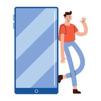 hombre en pie en teléfono inteligente personaje vector