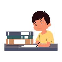 pequeño estudiante chico con libros personaje vector