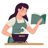 mujer Cocinando y leyendo receta personaje vector