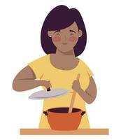 woman afro cooking with pot character vector