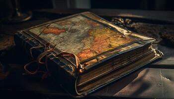 Antique leather bound book sits atop rustic table generated by AI photo