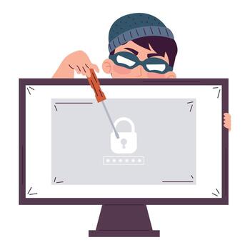 hacker con destornillador y escritorio personaje vector