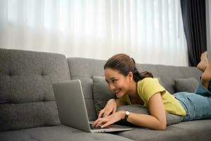 Woman working in the home and video conference onling , freelancing woman working concept photo