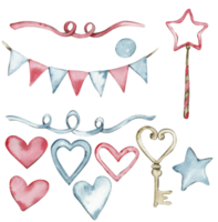 Watercolor hand painted party celebration elements. Crown, hearts, key. png