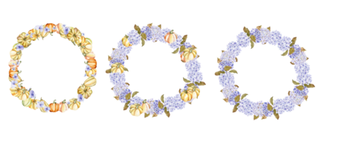 Fall wreath with blue hydrangea and pumpkins set. png