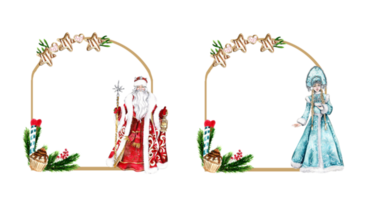 Navidad marco con abeto ramas y nieve doncella niña en azul vestir con Papa Noel cláusula en rojo. acuarela mano dibujado ilustración para invitaciones, saludo tarjetas, huellas dactilares, embalaje y más. png