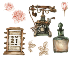 Watercolor illustration set of old rusty elements with roses flowers. png