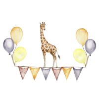 aquarelle main peint mignonne girafe avec ballons. png