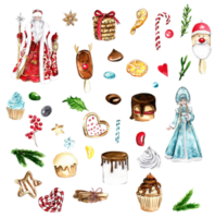 Set of elements for Christmas. Gifts, cupcake, cake,cookies,fir branches.Watercolor hand drawn illustration. Winter holiday. png