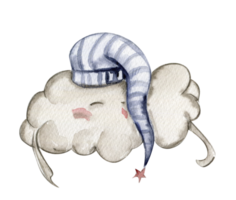 Watercolor hand drawn  white sleeping clouds in cartoon style. png