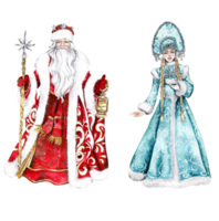 Watercolor illustration of Santa Claus with Christmas stick,long white beard and lamp in hands in Red coat with white ornament and Snow Maiden in a blue dress.Russian Santa Claus and his granddaughter png