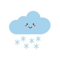 Vector set of cute weather characters - clouds, , thunderstorm, tornado, snow, rain, and crescent moon. Kawaii weather characters isolated on a white background. Vector illustration of flat style