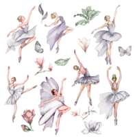 Watercolor dancing ballerina with butterfly set. png